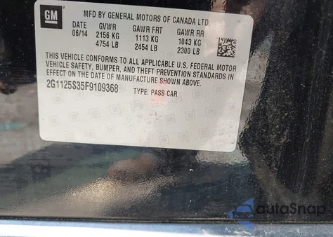 2015 Chevrolet Impala 2Lt z USA, uszkodzony, nr VIN 2G1125S35F9109368